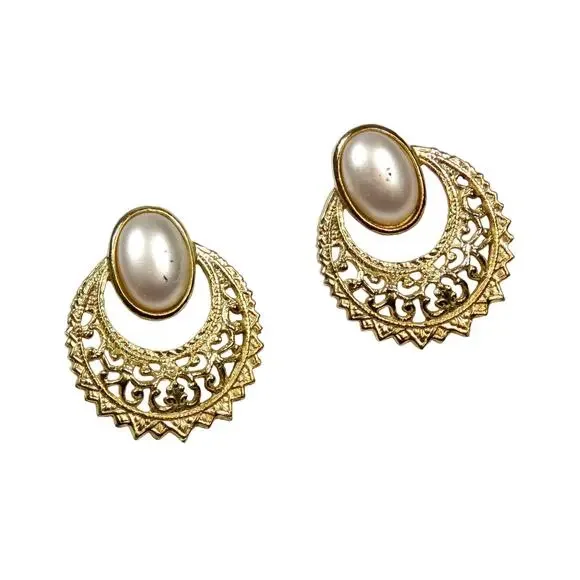 1970s Vintage Gold Caged Pearl Earrings Grandmacore Retro Glam Gaudy Earrings - Picture 2 of 5
